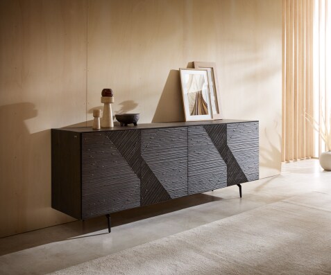 Sideboard Tereos 200 cm Esche Dunkelbraun 3D Effekt 4 Türen Winkelfuß Metall Schwarz