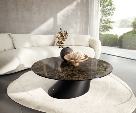 Wohnzimmertisch Edge Rund 100x100 cm Keramik Emperador Extra Lucidato Dunkelbraun Conis Metall Schwarz