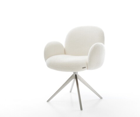 Drehstuhl Nube-Flex mit Armlehnen Bouclé Soft Beige Kreuzgestell breit Edelstahl 360° drehbar Wippfunktion Taschenfederkern